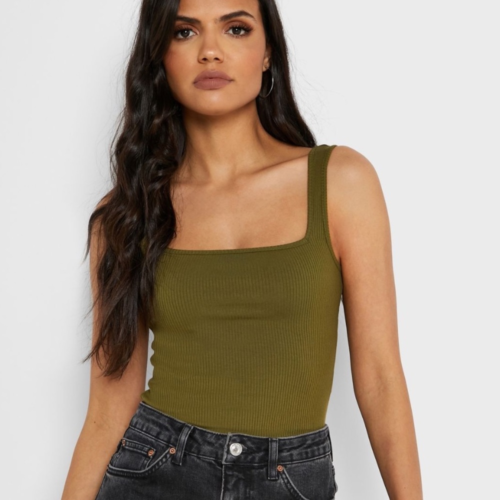 Topshop Square Neck Ribbed Bodysuit Olive Green
